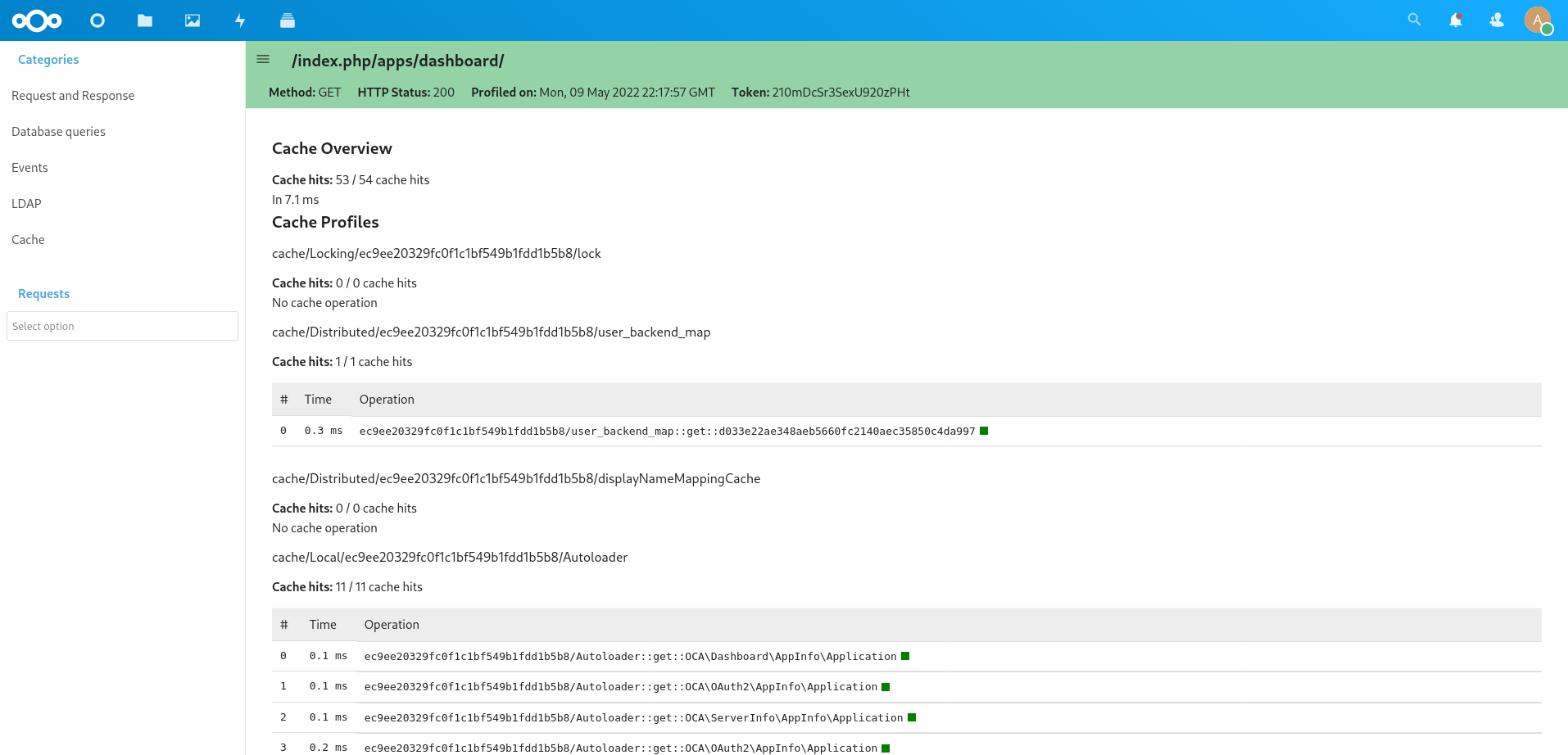 Profiler cache view showing cache hits, misses, and time spent on Redis operations